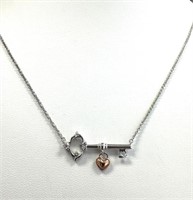 14 Kt & Sterling Silver Diamond Key Heart Necklace