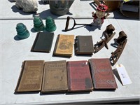 OLD BOOKS, HAY HOOK, INSULATORS AND ICE SKATES