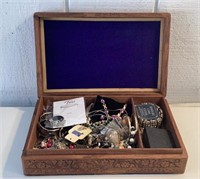 12x8x3 carved wood box full of fashion jewelry