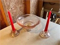 Pr Pink Depression-Style Candlesticks & Bowl