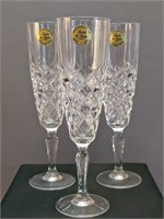 Three 24% Lead Crystal Champagne Flutes