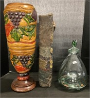 Wood Vase & Glass Decanter.