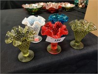 Five 4" tall carnival glass vases