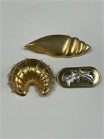 LOT OF 3 GOLD TONE COSTUME JEWELRY PINS-1 SIGNED