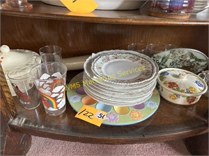 Shelf Contents - Painted Plates, Glass, Etc.