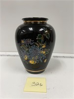 Asian style black lacquer vase with lotus flowers