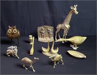 Group of brass animal figurines, etc.