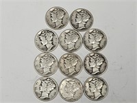 11- Mercury Silver Dime Coins 1940's