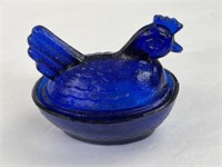 Cobalt Blue Hen on a nest, 4 1/2”x4”