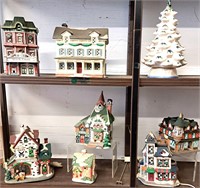 CERAMIC CHRISTMAS VILLAGE HOUSES & WHITE TREE LOT