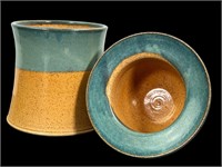 Studio Art Pottery Aqua/Terracotta 2 Pieces