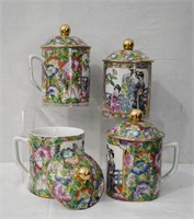 4 pcs Lidded Famille Rose Porcelain Mugs
