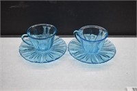2 Blue Dell Tulip Glass Cup & Saucer Sets
