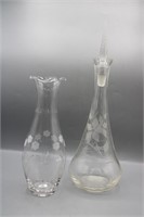 Vintage Floral Etched Glass Decanter & Vase