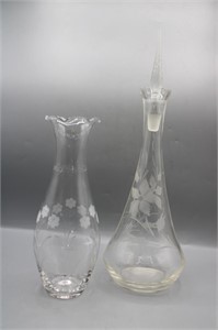 Floral Etched Glass Decanter & Vase