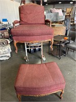 Sherrill French Leg Chair & Ottoman Red Corduroy
