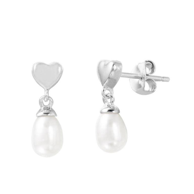 Silver Heart Dangling Fresh Water Pearl Earrings