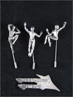 3 STERLING SILVER FIGURAL STICK BROOCHES & GUITAR