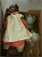 Box of old doll and glass chickens