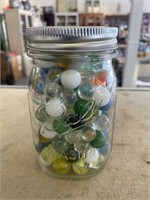 QUART SIZE BALL MASON JAR WITH OLD MARBLES