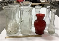 7 glass vases w/ 1 plastic vase 11in - 7in