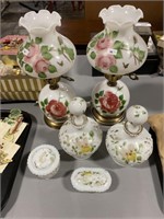 Hand painted decanters, dresser top containers.