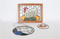 Vintage Stained Glass - Chickens, Flowers