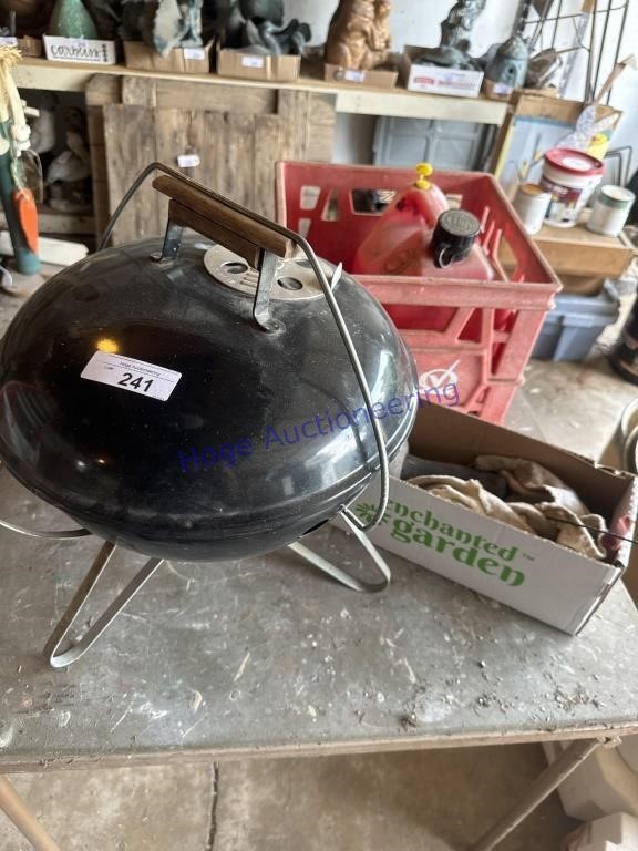 CARD TABLE, WEBER CHARCOAL GRILL, GAS CAN,