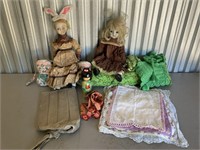 Porcelain dolls, bonnet, handkerchiefs