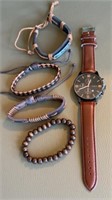 Mens group watch and leather bracelets, all new