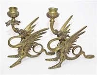 Two Cast Brass Griffin Candle Stands