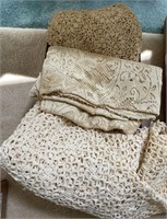 2 crocheted & one lace tablecloth