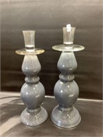 2 Gray glass candle holders 15.5" & 14.5"