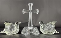 Vintage Crystal Cross & 2 Pheasant Votives