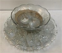 Pattern Glass Punch Bowl, Under Tray & Cups