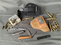 Assorted Ammunition, Holsters, Pocket Knives