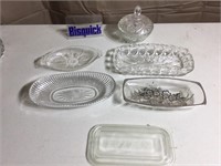Glass candy bowls, candy, Fire king lid with chip