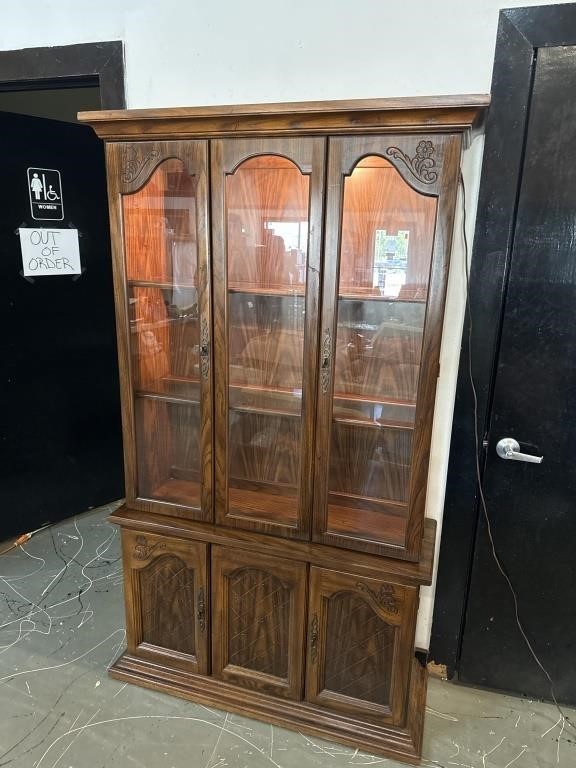 Vintage Oak Lighted Curio Cabinet