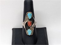 .925 Sterling Silver Turquoise/Coral Ring