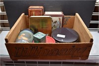 Lot VTG Candy/Tobacco Tins in Fruit Crate