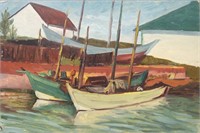 Fishing Sail Boats at Harbour, Oil on Art Board