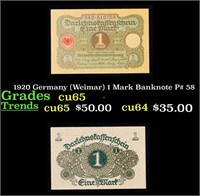 1920 Germany (Weimar) 1 Mark Banknote P# 58 Grades