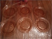 6 depression glass cabbage rose plates 7.25" wide