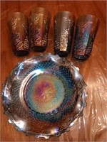 5 pc carnival glass plate & 4 glasses 6" tall