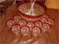 kings crown ruby flashed punch bowl & 12 cups