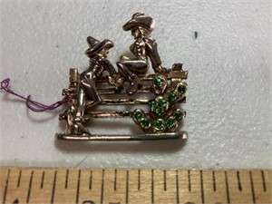 Western couple on fence pin with rhinestones