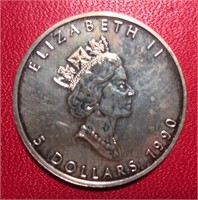 1990 Canadian Silver Maple Leaf $5  .9999 Fine