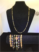 6- gemstone & glass bracelets & 1- necklace