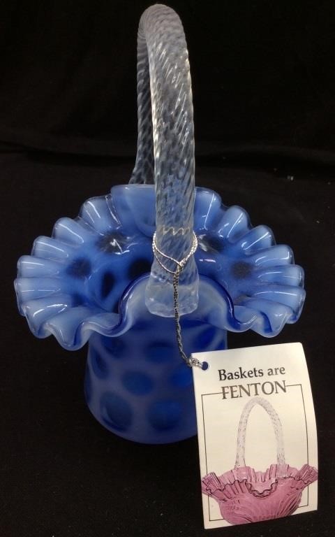 FENTON BLUE OPALESCENT COIN DOT BASKET