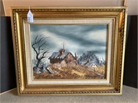 FRAMED OIL ON CANVAS LANDSCAPE WITH COUNTRY